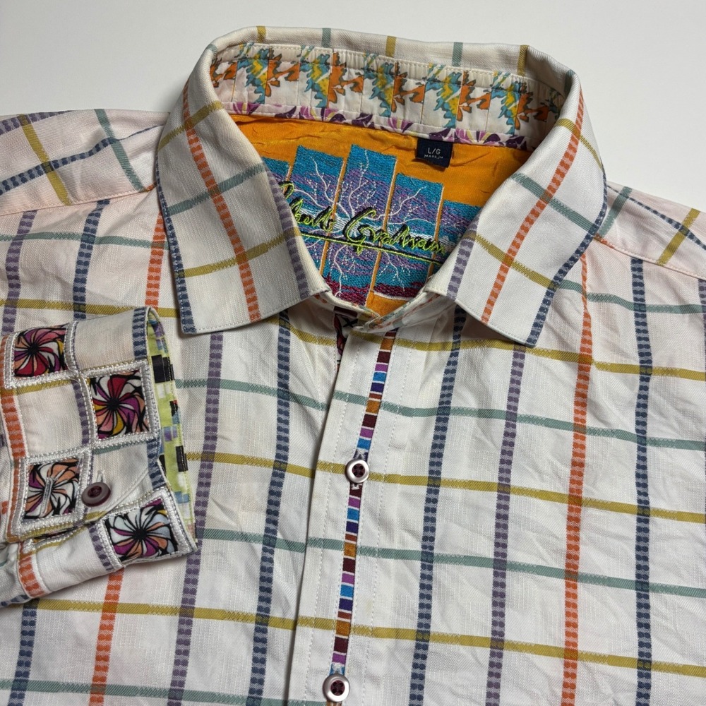 Robert Graham Cream Multi Color Grid Mens L contrast cuff  Button Down Shirt